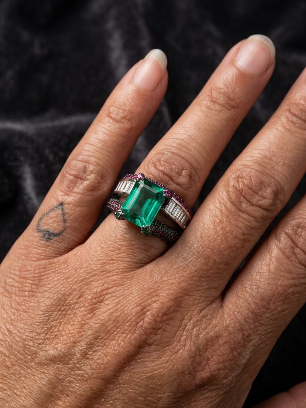 Emerald, ruby & pave CZ gold over sterling ring size 6